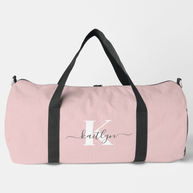 Elegantes Blush Pink Gray Script Monogram Duffle Bag (Vorderseite)