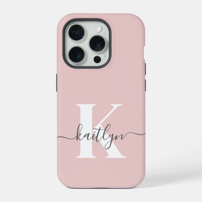 Elegantes Blush Pink Gray Script Monogram iPhone 15 Pro Hülle (Rückseite)