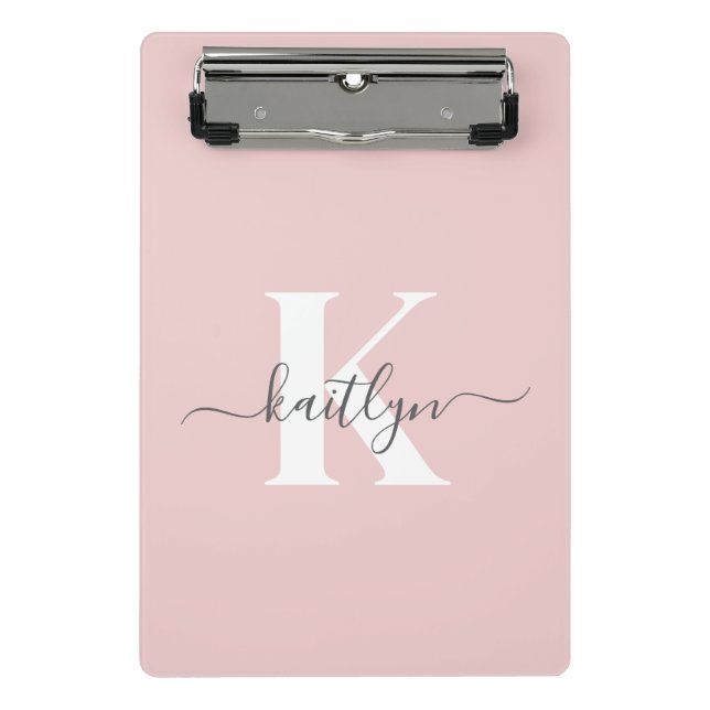 Elegantes Blush Pink Gray Script Monogram Mini Klemmbrett (Vorderseite)