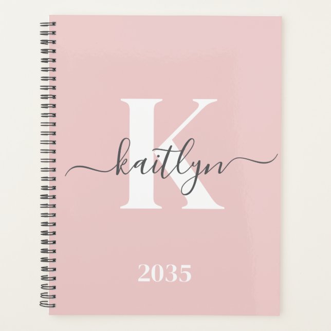 Elegantes Blush Pink Gray Script Monogram Planer (Vorderseite)