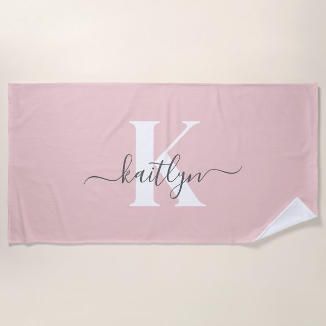 Elegantes Blush Pink Gray Script Monogram Strandtuch (Vorderseite)