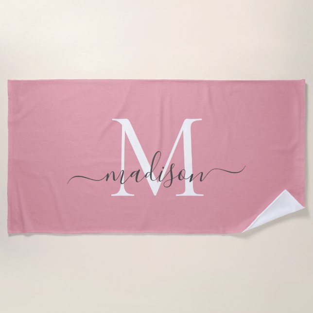 Elegantes Blush Pink Monogram Feminine Gray Script Strandtuch (Vorderseite)