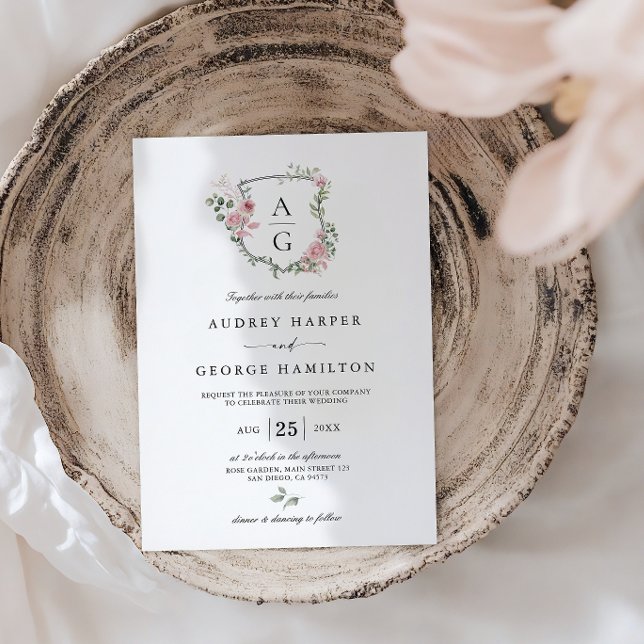 Elegantes Blush Pink Monogram Wappen Wedding Einladung (Von Creator hochgeladen)