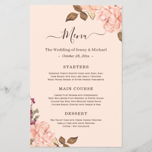 Elegantes Blush Pink Victoria Blumenmenü Flyer (Vorne)