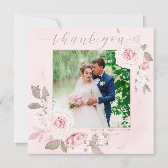 Elegantes Blush Rose Floral Wedding Foto Vielen Da Dankeskarte (Vorderseite)