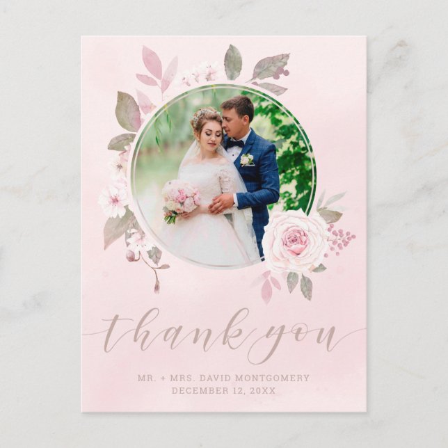 Elegantes Blush Rose Floral Wedding Foto Vielen Da Postkarte (Vorderseite)