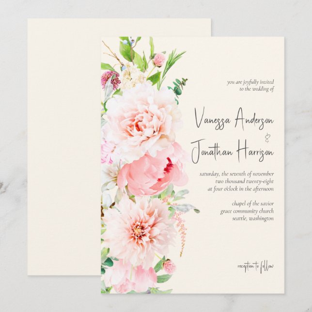 Elegantes Blush und Elfenbeinflora Stilvolles Skri Einladung (Vorne/Hinten)