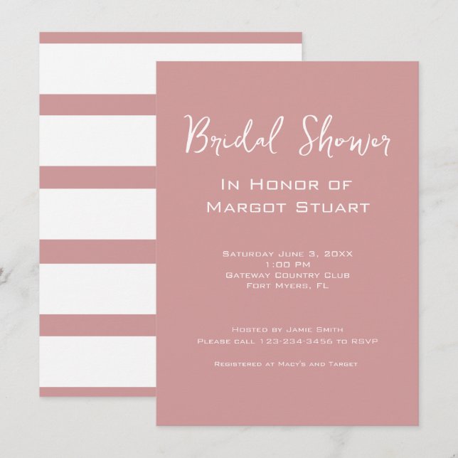 Elegantes Blush White Script Stripe Brautparty Einladung (Vorne/Hinten)