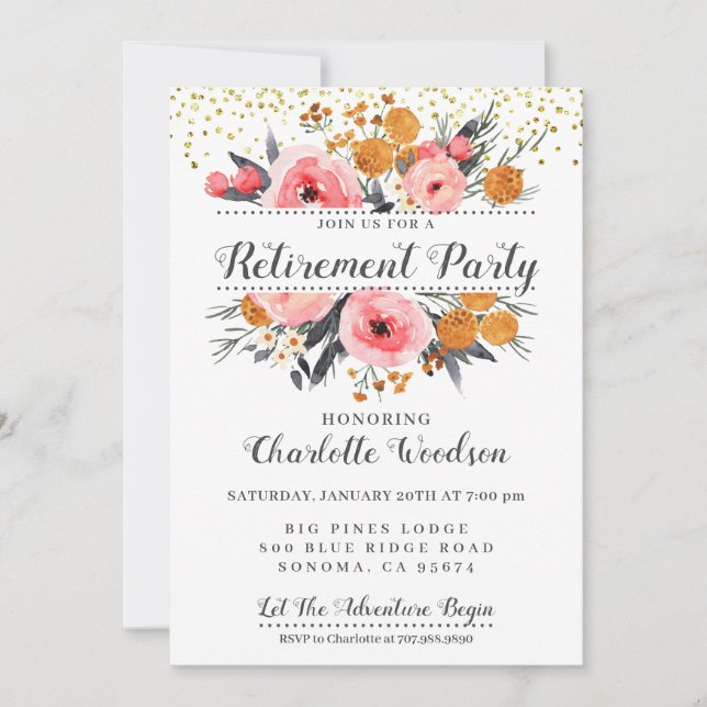 Elegantes Blütenrot Rosa Goldenes Party Einladung (Vorderseite)