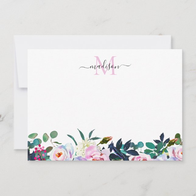Elegantes Blütenrot Rosa Monogramm Mitteilungskarte (Vorderseite)