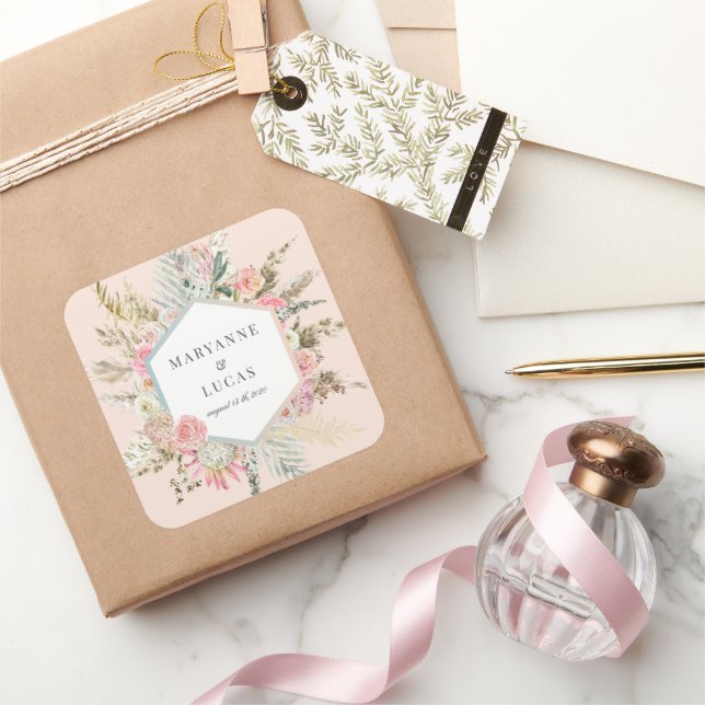 Elegantes Bohemisch Floral Monogramm Quadratischer Aufkleber (Schenken)