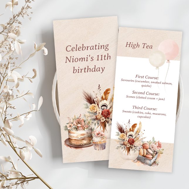 Elegantes Bohemisches Spring Tea Party Menükarte (Elegant Bohemian Birthday Party Menu)