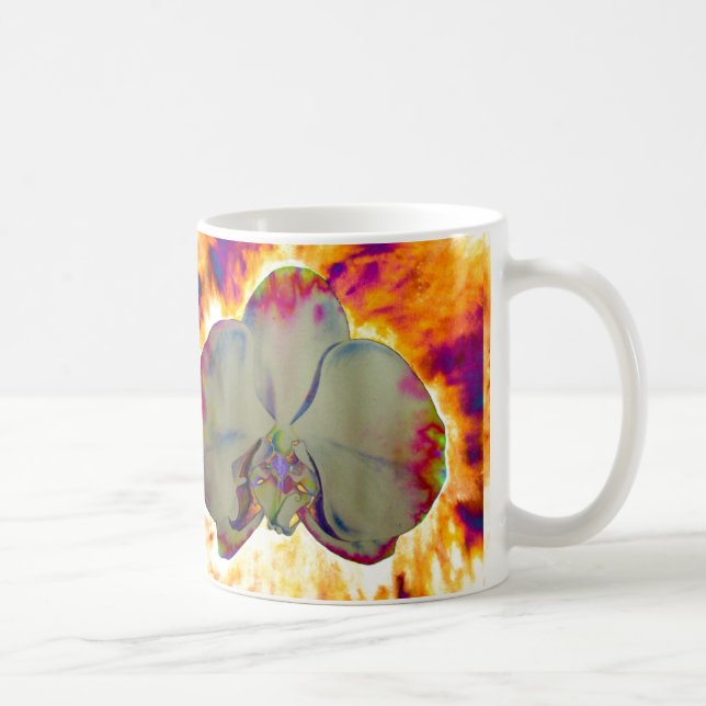 Elegantes boho abstraktes Orchideengemälde Kaffeetasse (Rechts)