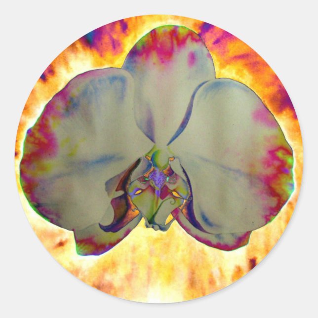 Elegantes boho abstraktes Orchideengemälde Runder Aufkleber (Vorderseite)