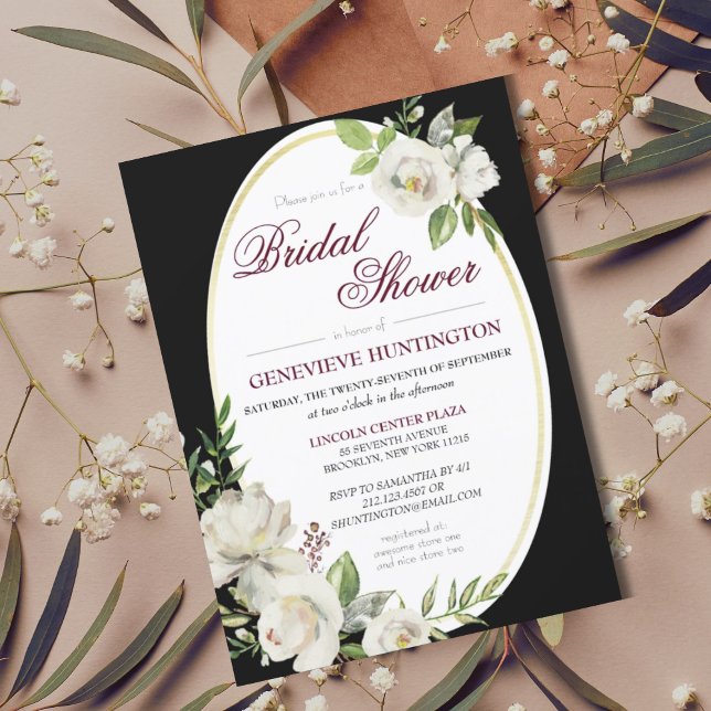 Elegantes Boho Black Floral Gold Brautparty Einladung (Elegant Black White Floral Bridal Shower Invitation Postcard
)