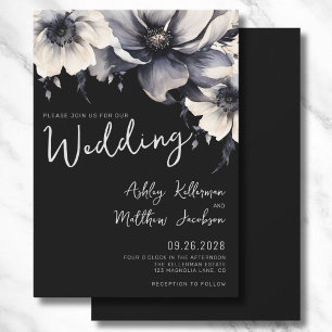 Elegantes Boho-Blumen- Schwarz Hochzeit Einladung