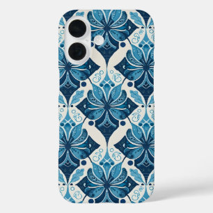 Elegantes Boho Blumenmuster in Blau iPhone 16 Hülle