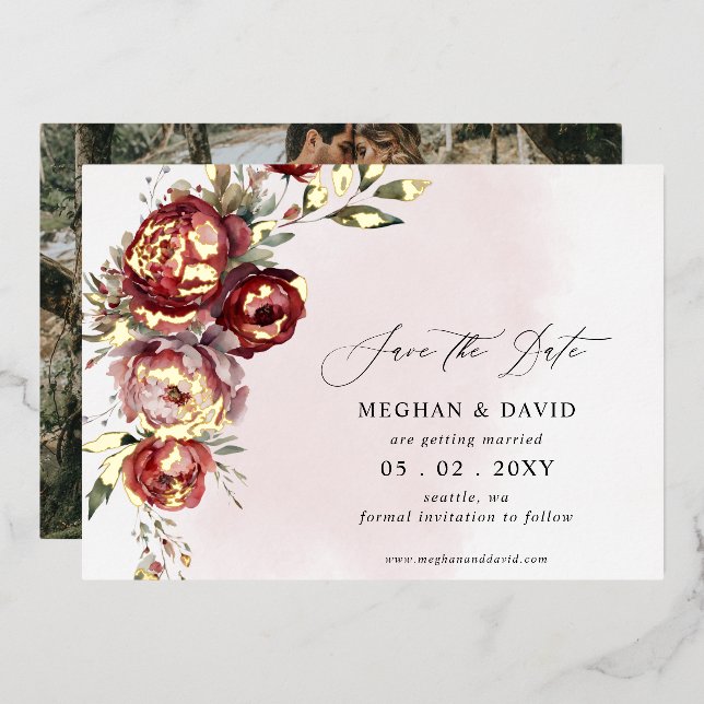 Elegantes Boho Burgundy Blush Foto Folieneinladung (Vorderseite/Rückseite)