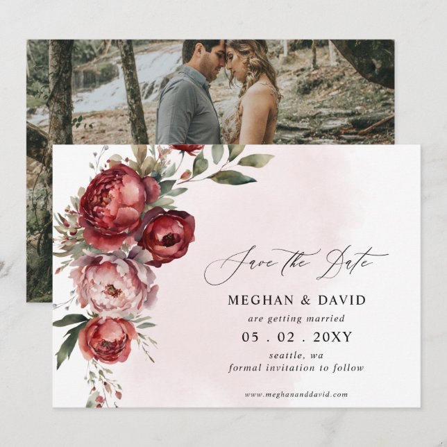 Elegantes Boho Burgundy Blush Foto Save The Date (Vorne/Hinten)