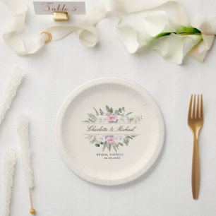 Elegantes Boho Floral Monogram Brautparty Pappteller