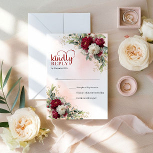 Elegantes Boho Merlot Gold Florales Hochzeits-RSVP RSVP Karte