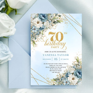 Elegantes Boho-Staubblau Blumen Goldrahmen 70. Einladung
