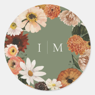 Elegantes Boho-Wildblumen-Hochzeitsmonogramm Runder Aufkleber