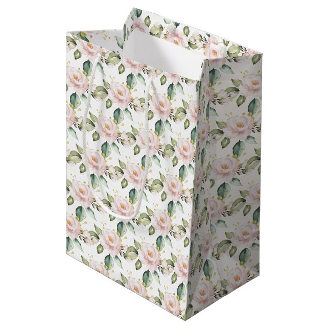 Elegantes bohrosafarbenes Rosengrün Gold Mittlere Geschenktüte (Vorderseite Schrägansicht)