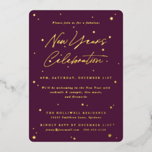 Elegantes Bordeaux Scattered Stars New Year Party Folieneinladung