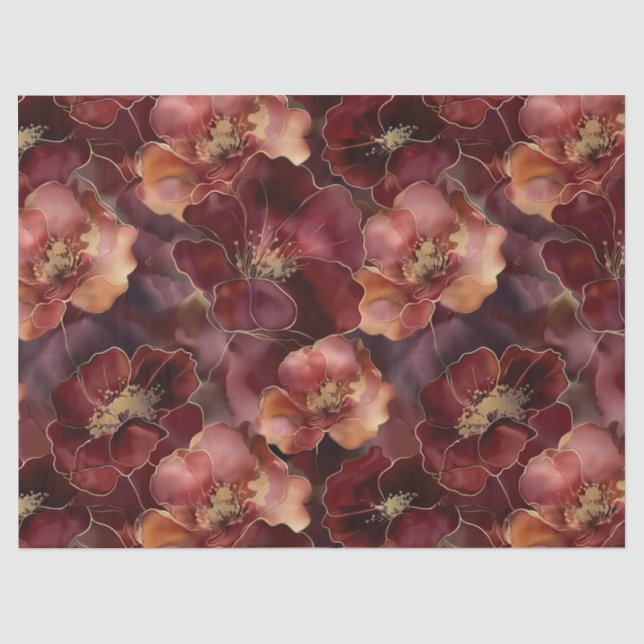 Elegantes bordeauxfarbenes Blumenmuster Seidenpapier (Vorderseite)