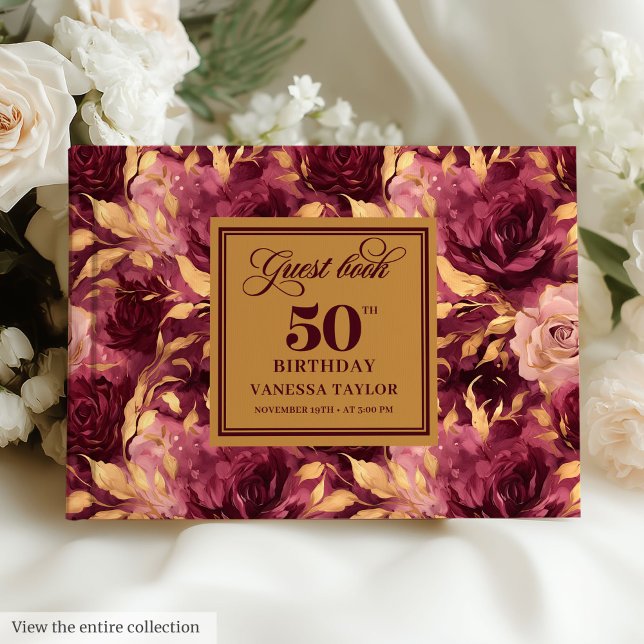 Elegantes bordeauxfarbenes Gold Rose 50. Gästebuch (Elegant Boho Burgundy Gold Floral 50th Guest Book)