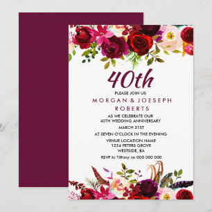 Elegantes bordeauxrotes Blumen- Hochzeitsjubiläum  Einladung