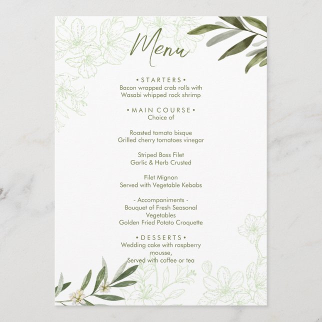 Elegantes botanisches Abendessen mit floraler Atmo Menükarte (Vorderseite)