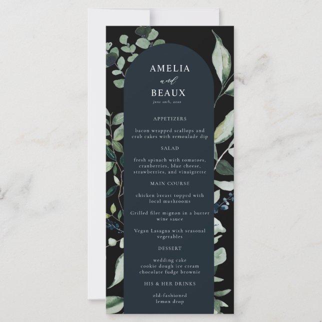 Elegantes botanisches Abendmenü für Hochzeiten (Vorderseite)