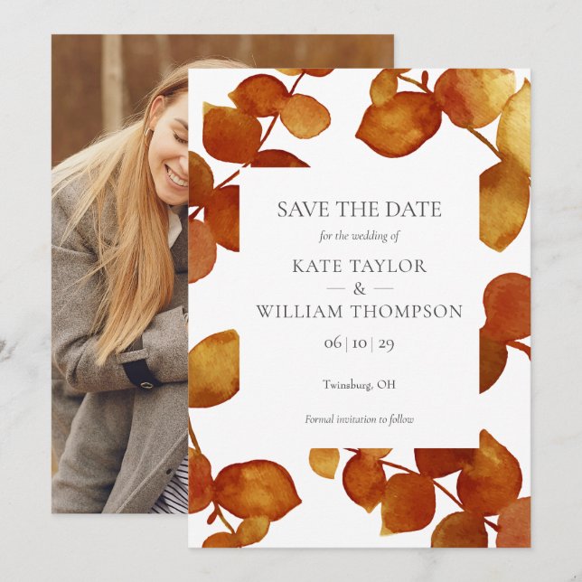 Elegantes Botanisches Blätter Foto Save The Date (Vorne/Hinten)