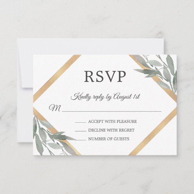 Elegantes botanisches Blätterblatt Gold Hochzeit RSVP Karte (Vorderseite)