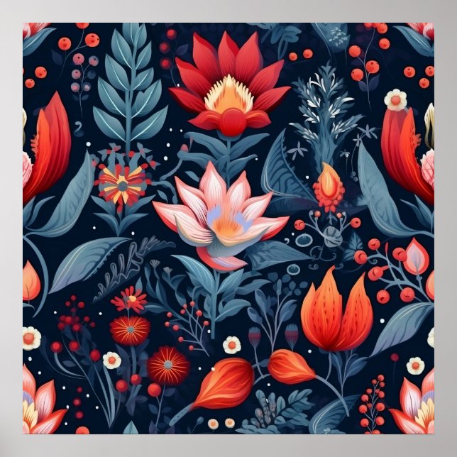 Elegantes botanisches blaues Aquamarines Muster MI Poster (Vorne)