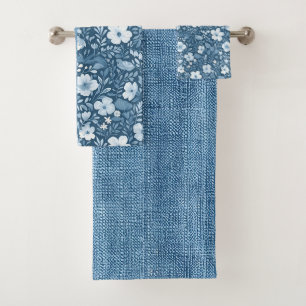 Elegantes botanisches blaues Imitat Denim Look Han Badhandtuch Set