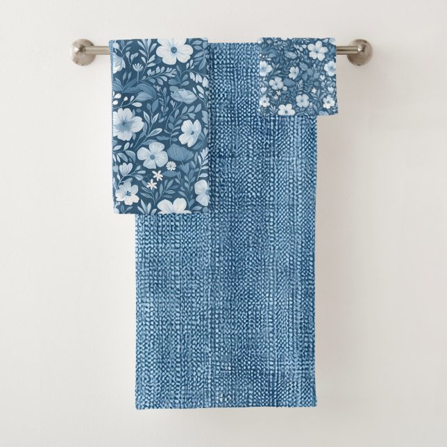 Elegantes botanisches blaues Imitat Denim Look Han Badhandtuch Set (Insitu)