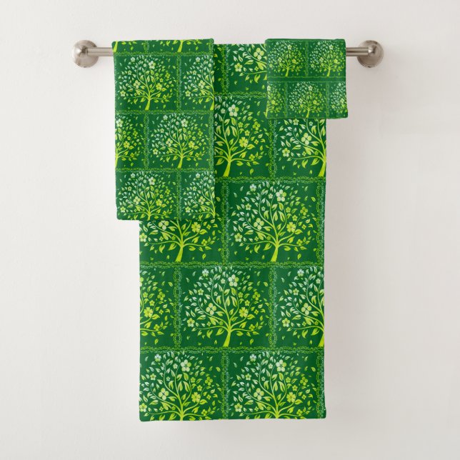 Elegantes botanisches Blumenbaum-Muster auf Grün Badhandtuch Set (Insitu)