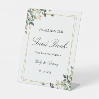 Elegantes botanisches Eukalyptus-Blatt-Gästebuch Sockelschild