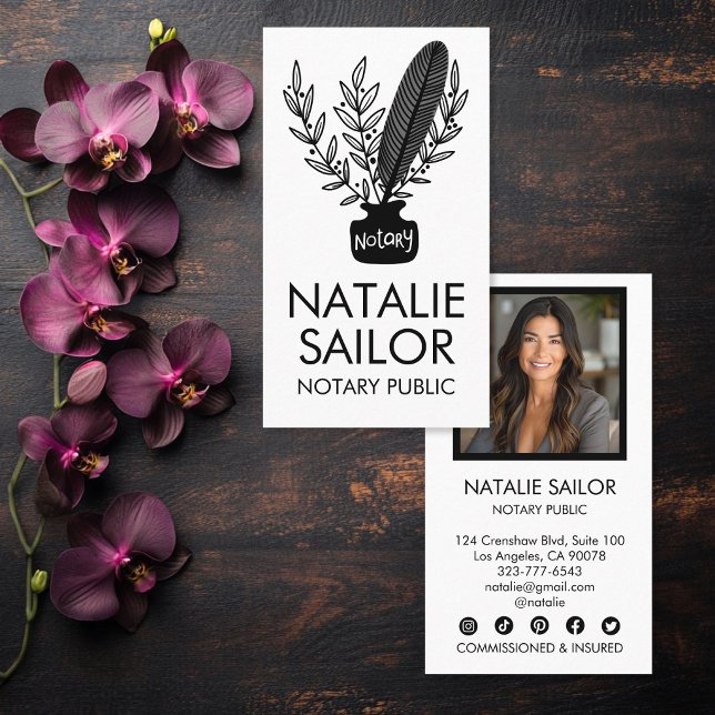 Elegantes botanisches Feder-Logo Notar/in FOTO  Visitenkarte (Elegant Botanical Quill Logo Notary Public PHOTO Business Card
)