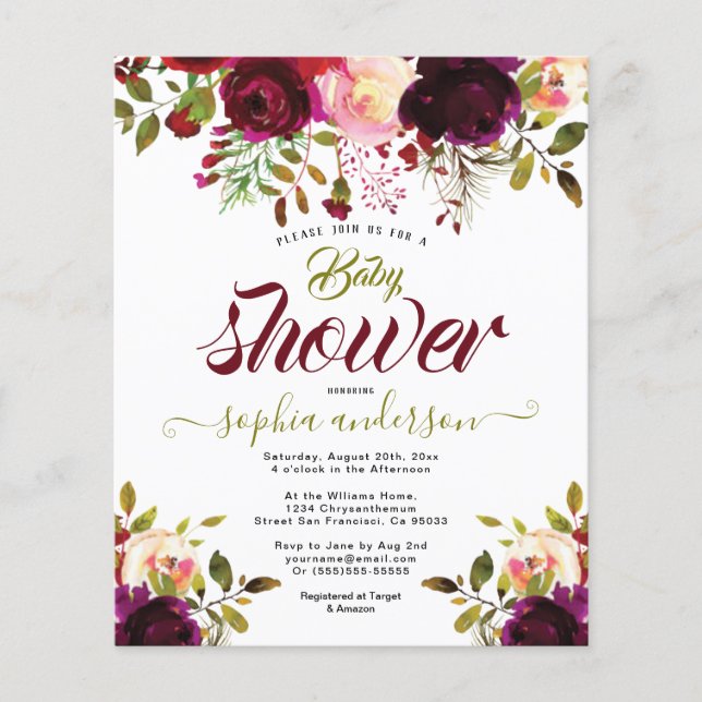 Elegantes Botanisches Floral Burgundy Babydusche G Flyer (Vorne)