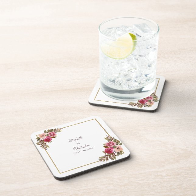 Elegantes botanisches Floral Gold Hochzeitscoupel Getränkeuntersetzer (Rechte Seite)