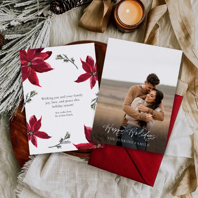 Elegantes botanisches Foto Feiertagskarte (Elegant Poinsettia Photo Holiday Card)