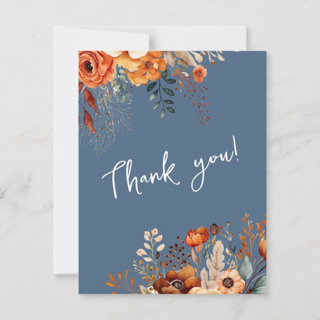 Elegantes botanisches Foto Hochzeit Blau Dankeskarte (Vorderseite)