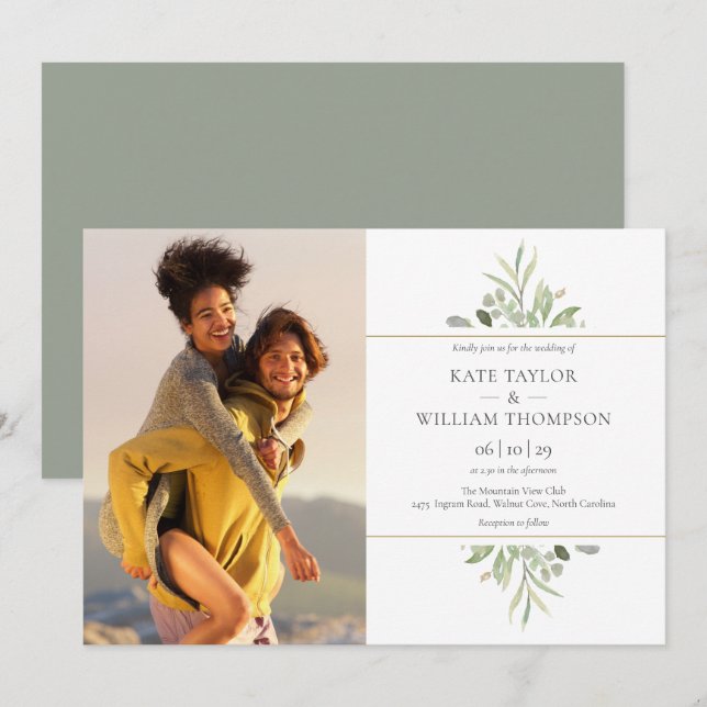 Elegantes botanisches Foto Hochzeit Einladung (Vorne/Hinten)