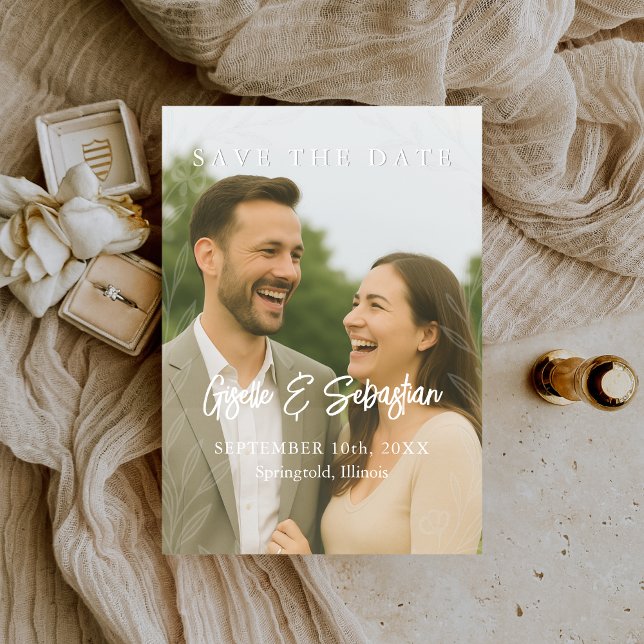 Elegantes botanisches Foto Romantische Schrift Save The Date (Von Creator hochgeladen)
