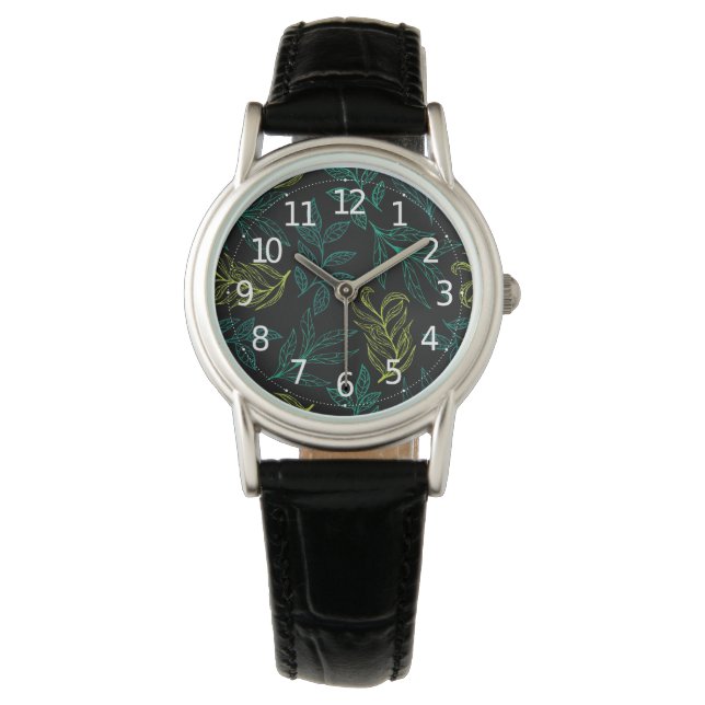 Elegantes botanisches Grün-Gelb-Blätter-Muster | Armbanduhr (Vorderseite)