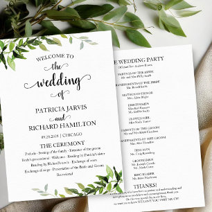 Elegantes botanisches Grün-Hochzeitsprogramm Programm